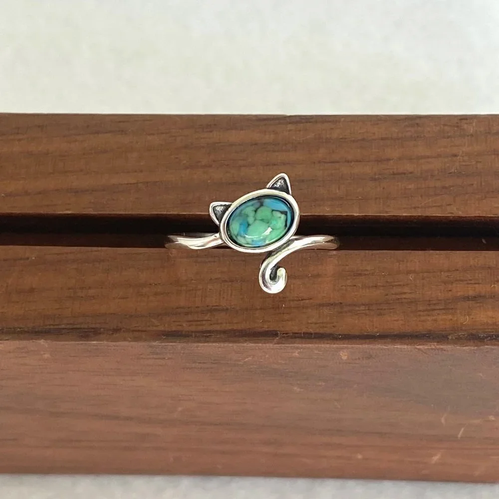 Sterling Silver 925 Turquoise Cabochon Kitty Cat Bypass Style Band Ring Sz 6
